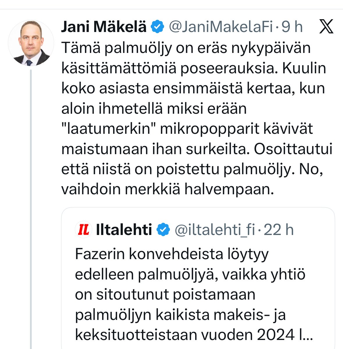 PetraNyqvist's tweet image. Jani Mäkelä ei ymmärrä, että palmuöljy on ihmiskunnalle erittäin vaarallista, koska öljyplantaasien tieltä tuhotaan sademetsää, monimuotoisuutta, vesistöjä, alkuperäiskansoja. Palmuöljyn tuotanto on katastrofaalista. Mutta katastrofaalista on myös äänestää näin huonoja päättäjiä,…
