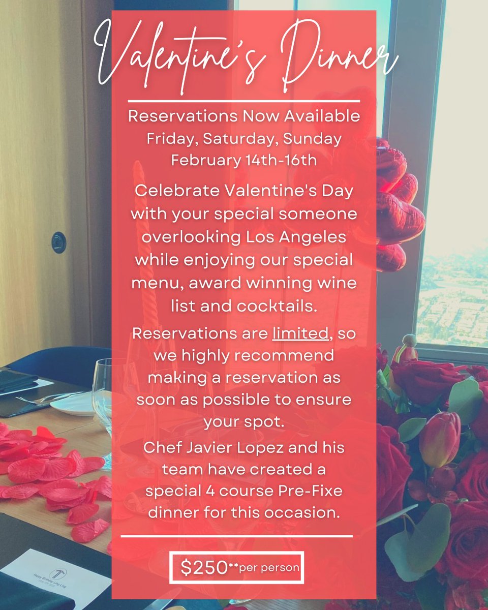 💘 Valentine’s Day at 71Above
Reservations are now available for our elevated Valentine’s weekend experience, February 14–16.
Reservations are limited. We recommend securing your table early.
🔗 Reserve now at 71Above.com
#71Above #ValentinesDayLA #DTLA