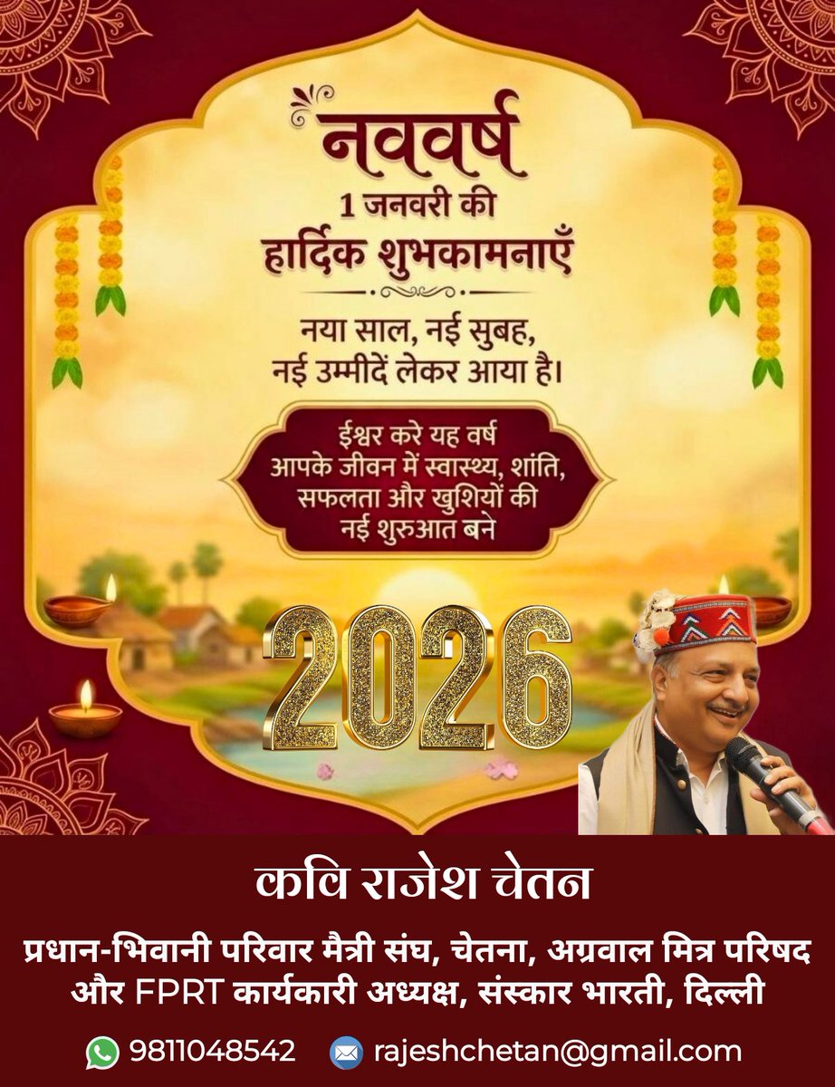 rajeshchetan's tweet photo. दुनिया के हम संग संग चलते जायें 
दीवारों पर नया कलेंडर चिपकायें 
छोड़ कलेंडर कुछ भी नया नहीं इसमें
फिर भी आओ एक जनवरी अपनायें 
२०२६ मङ्गलमय हो 

© कवि राजेश चेतन 

#2026 https://t.co/7ro4G0PokJ