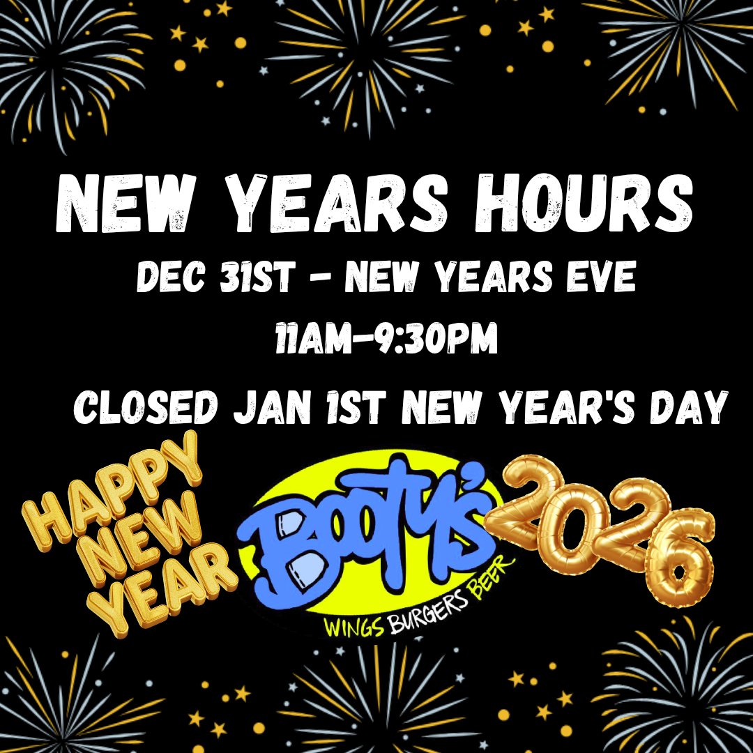 bootyswings's tweet image. 🎆 NEW YEAR'S EVE HOURS 
We're open 11AM-9:30PM on New Year's Eve Closed January 1st for New Year's Day so our team can celebrate too!
Stay safe out there tonight!  Whether you're celebrating with wings and beer or heading out on the town, please plan ahead 
Designate a driver