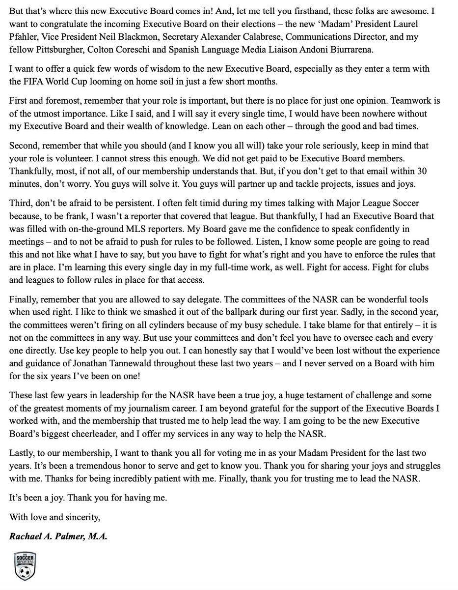 Six years of being on an NASR (<a href="/SoccerReporters/">North American Soccer Reporters (NASR)</a>) Executive Board. The last two years serving as Madam President. 

So much we accomplished, and yet so much we wanted to do. Thank you, from the bottom of my heart, to the NASR Membership for trusting me to lead them.

Grateful! 🫶🏽