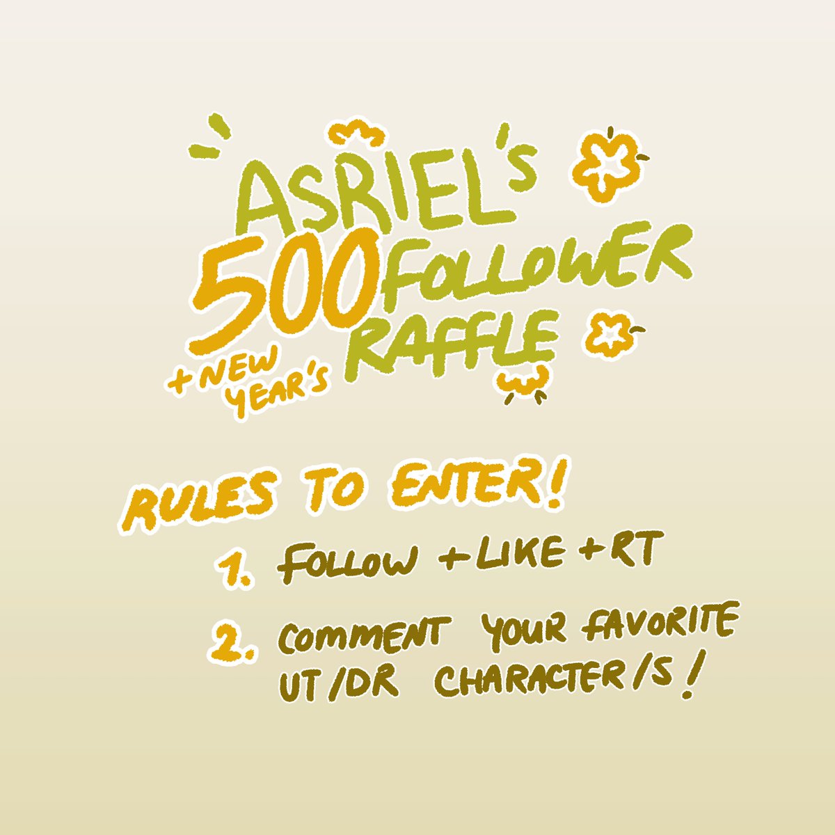 ahsriel's tweet photo. ⭐500 + NEW YEAR ART RAFFLE!⭐
To celebrate being close to 500 followers + the new year, I'm hosting an art raffle!

To enter:
⭐Follow + Like + RT
⭐Comment your fav UT/DR character/s! 

I'll choose a winner on the 9th of January, you'll get a half-body drawing of your choice!
#UNDERTALE #DELTARUNE #UTDR