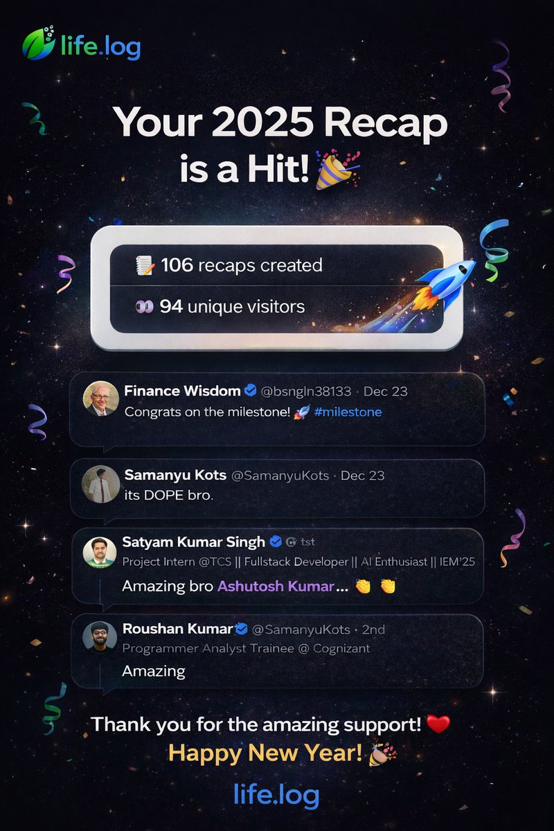 Started life.log as a fun idea - now 100+ reacps created ... Got hands-on with GenAI and real traffic handling on the way... ✈️
. 
Wishing you and your family a very Happy New Year, 2026 🚀 
.
Haven't tried it yet? Take a look 👀 
lifelog-kappa.vercel.app 

#HappyNewYear2026