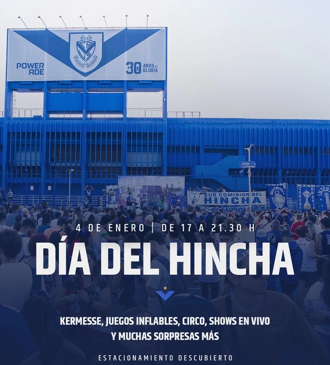 🎉 DIA DEL HINCHA y 116° AÑOS DE VÉLEZ 

📆 Domingo 4/01 
🕐 De 17 a 21 hs. 
📍 Estacionamiento Descubierto.

🙌🏻 Traé un alimento no perecedero y participá de los sorteos.
<a href="/VelezSCH/">Vélez SCH</a> <a href="/VelezCultura/">Vélez Cultura</a> <a href="/VelezSocial/">Vélez Social</a>