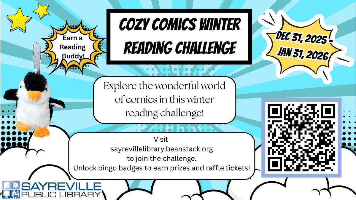 sfplibrary's tweet photo. Join us this winter in our Cozy Comics Winter Reading Challenge! Visit https://t.co/nA7K9kyUew or scan the QR code to join. Complete your bingo card to earn prizes and raffle tickets! 
Registration open now! https://t.co/TpXYi15eq5