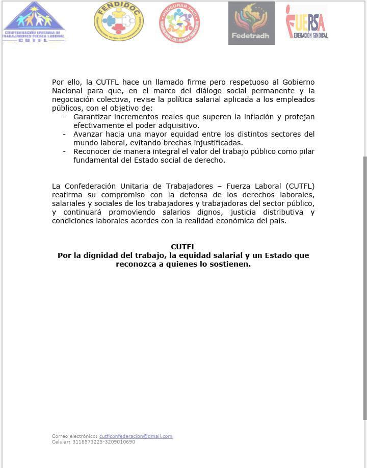 SINTRAEPCOL1's tweet photo. Desde la CUT-FL hacemos un llamado al gobierno nacional @petrogustavo para que eche una mirada en las proximas mesaa de negociacion colectivas de los empleados publicos en Colombia. https://t.co/hu8iMMav2Y