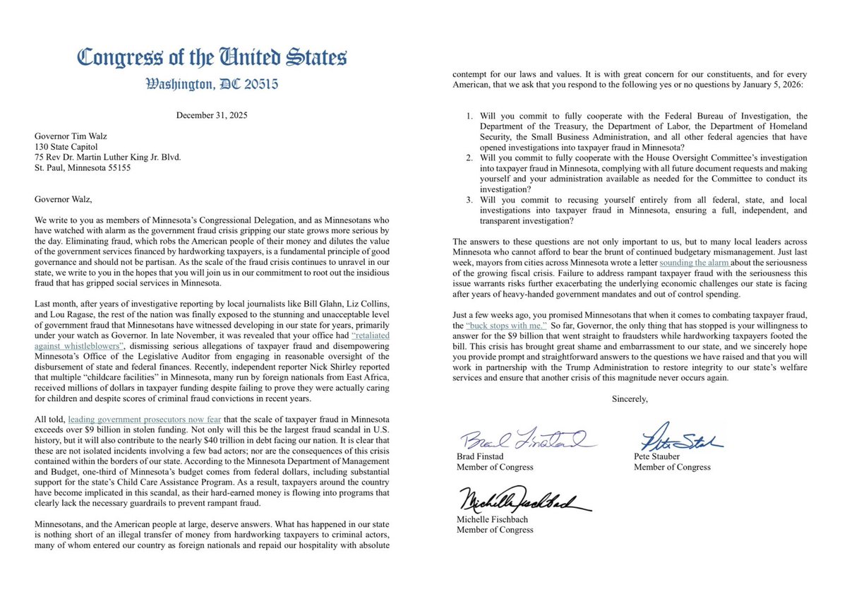 🚨 BREAKING EXCLUSIVE: Members of Minnesota’s congressional delegation have issued issued a formal letter to Tim Walz moments ago demanding accountability over the statewide taxpayer fraud crisis, which has now surpassed $9B.

Lawmakers are requiring Gov. Tim Walz to respond by