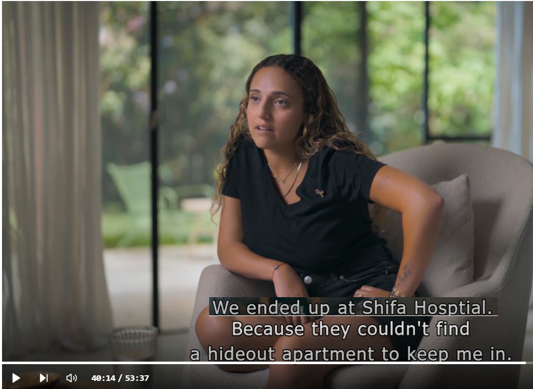 Aizenberg55's tweet image. Romi Gonen said the first stop after Hamas kidnapped her was Shifa Hospital and later again to Shifa (not for medical care) between moves to civilian apartments where she was raped. Many hostages report being held in hospitals, confirming militarization of hospitals by Hamas.