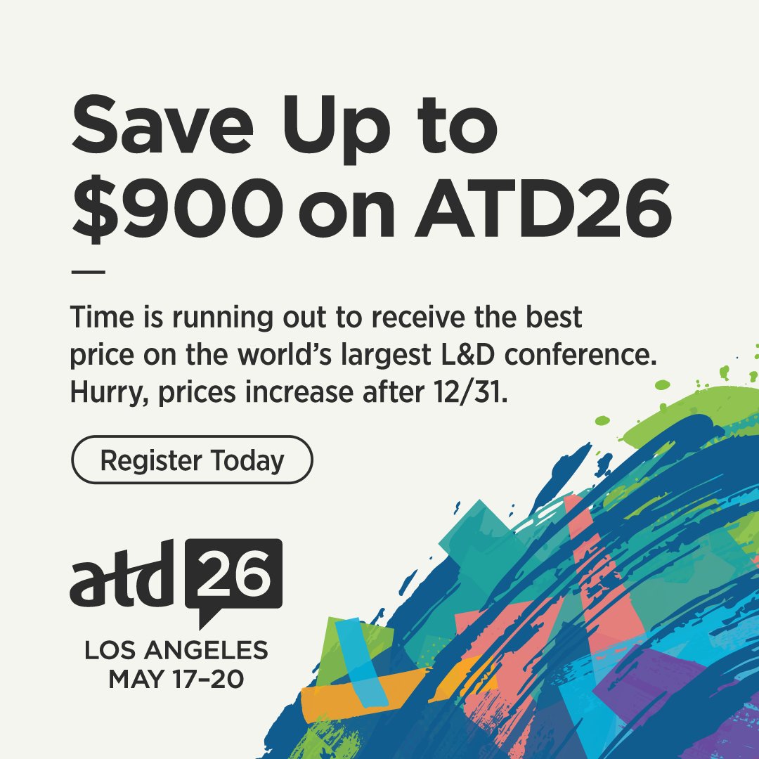 ⚠️ Early bird rates end tonight (12/31)—secure your spot today at the lowest rate!ATD26 is coming to Los Angeles—and this is your chance to learn, connect, and lead the future of talent development. Hurry!  bit.ly/45oR66F