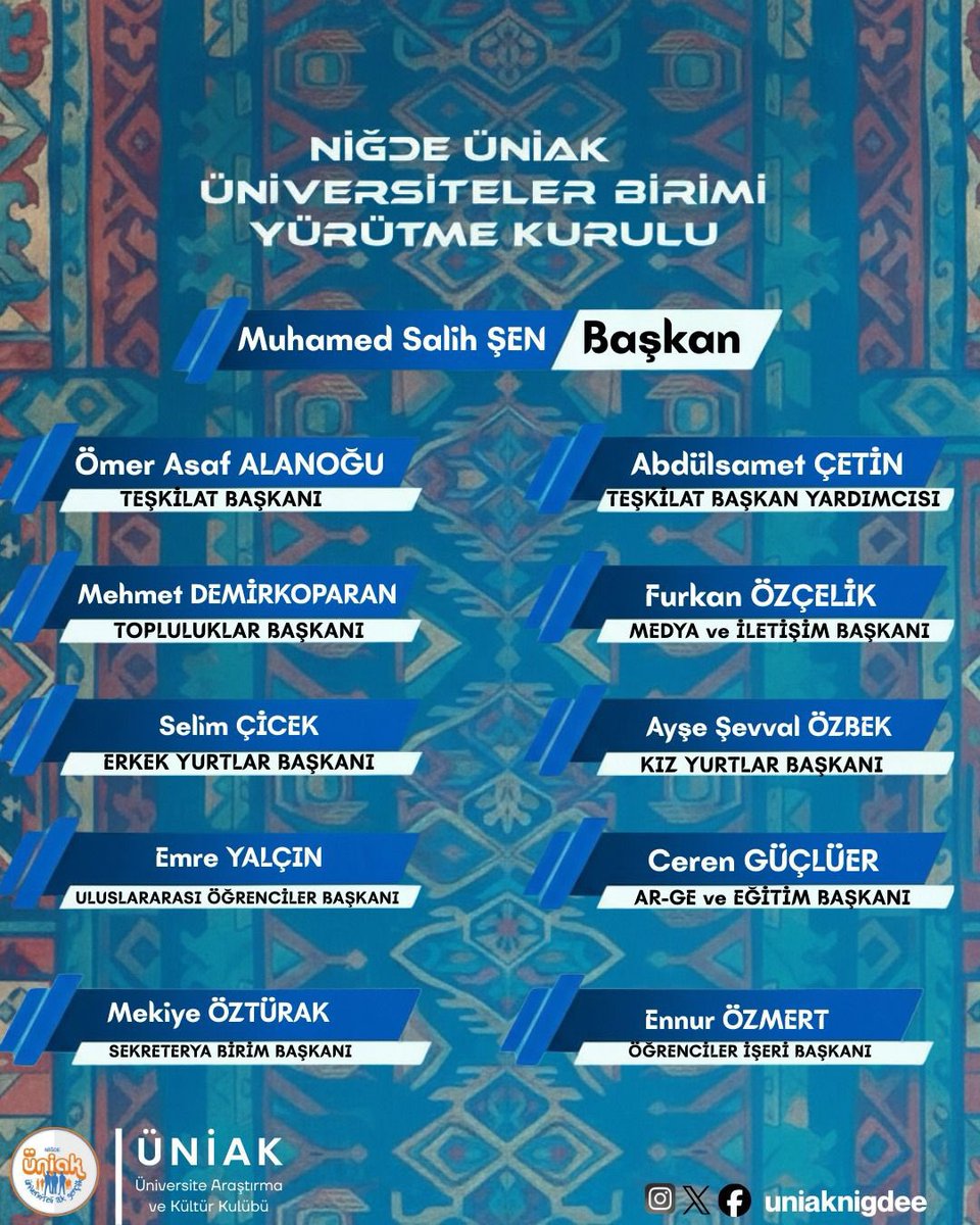 ÜNİAK Niğde Yeni İl Yürütme Ekibimizi duyuruyoruz!
Yeni dönemde gençliğin enerjisi ve kararlılığıyla üniversiteli gençliğin sesi olmaya, davamızı ileri taşımaya hazırız.
Yeni yürütmemiz hayırlı olsun.