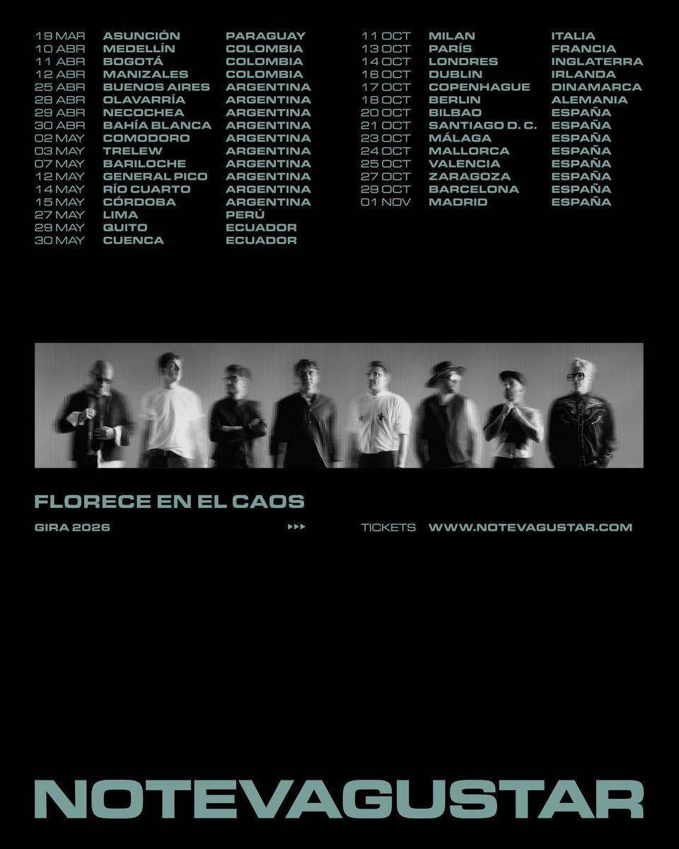 ntvgoficial's tweet image. En 2026 salimos de gira con “Florece En El Caos” y estas fechas que ven acá son solo el comienzo de todo lo que vamos a vivir juntos. 🇵🇾🇨🇴🇦🇷🇵🇪🇪🇨🇮🇹🇫🇷🏴󠁧󠁢󠁥󠁮󠁧󠁿🇮🇪🇩🇰🇩🇪🇪🇸

Pronto anunciaremos fechas en 🇺🇾🇧🇴🇦🇷🇨🇱🇲🇽 Estén atentos! 😉

Info y entradas aquí: linktr.ee/NTVG