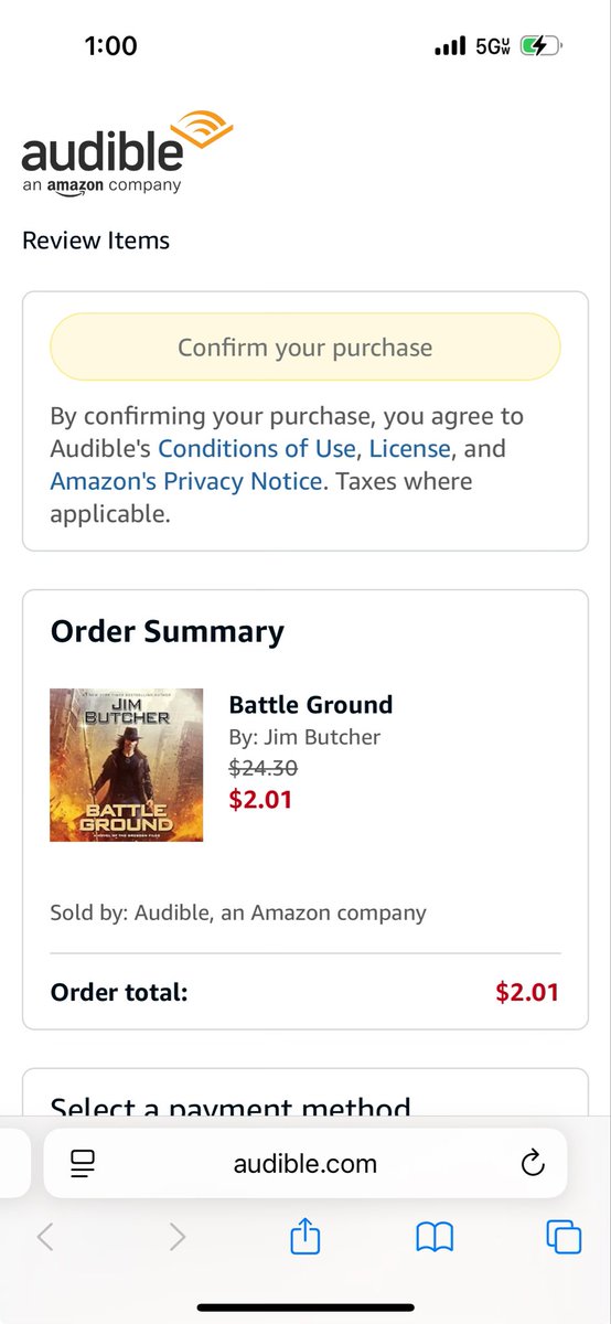ChrisH_WI's tweet photo. when I try to use my 15 dollar credit that is expiring soon, the confirm your purchase button does nothing when you click it. But if I wanna spend money to get more credits, that worked just fine. @audible_com https://t.co/z7cOscSctZ