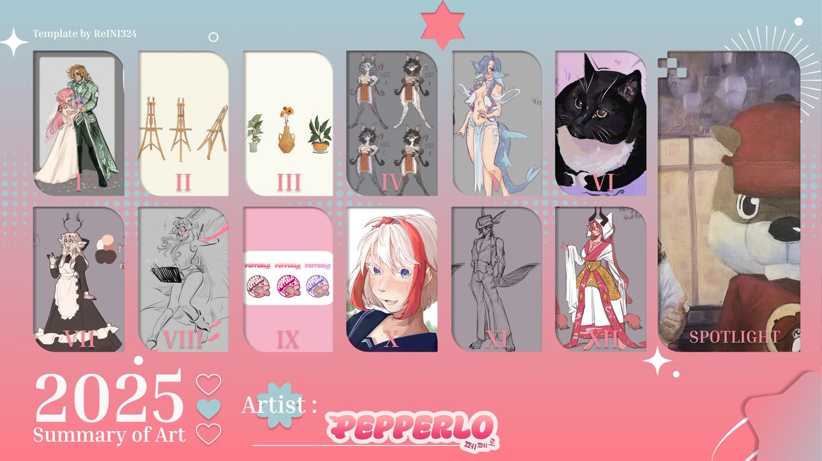 !~ 2025 Art Summary ~!

I grew a lot this year! Didn't get a lot of rendered works done, but I did SO much design work this year and learned a lot of skills! Thank you so much for supporting me on this journey guys <3