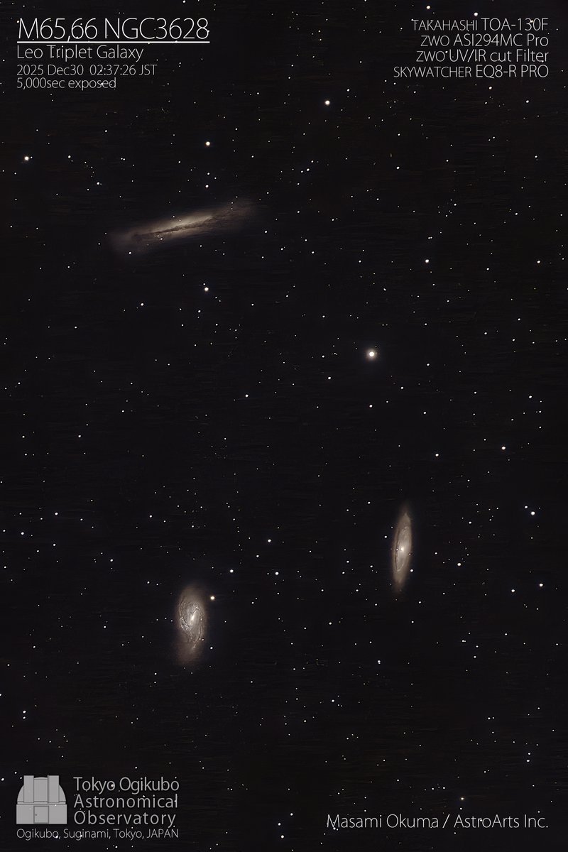 12月30日深夜のしし座の3銀河。M65,M66,NGC3628です。年末からは少し