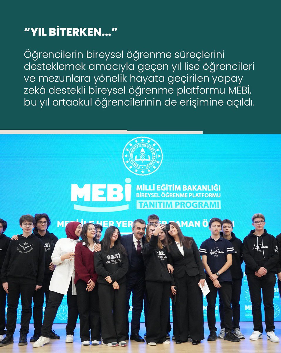 📌 Evlatlarımızın bireysel öğrenme süreçlerini desteklemek amacıyla geçen yıl lise öğrencileri ve mezunlara yönelik hayata geçirilen yapay zekâ destekli bireysel öğrenme platformu MEBİ, bu yıl ortaokul öğrencilerimizin de erişimine açıldı.