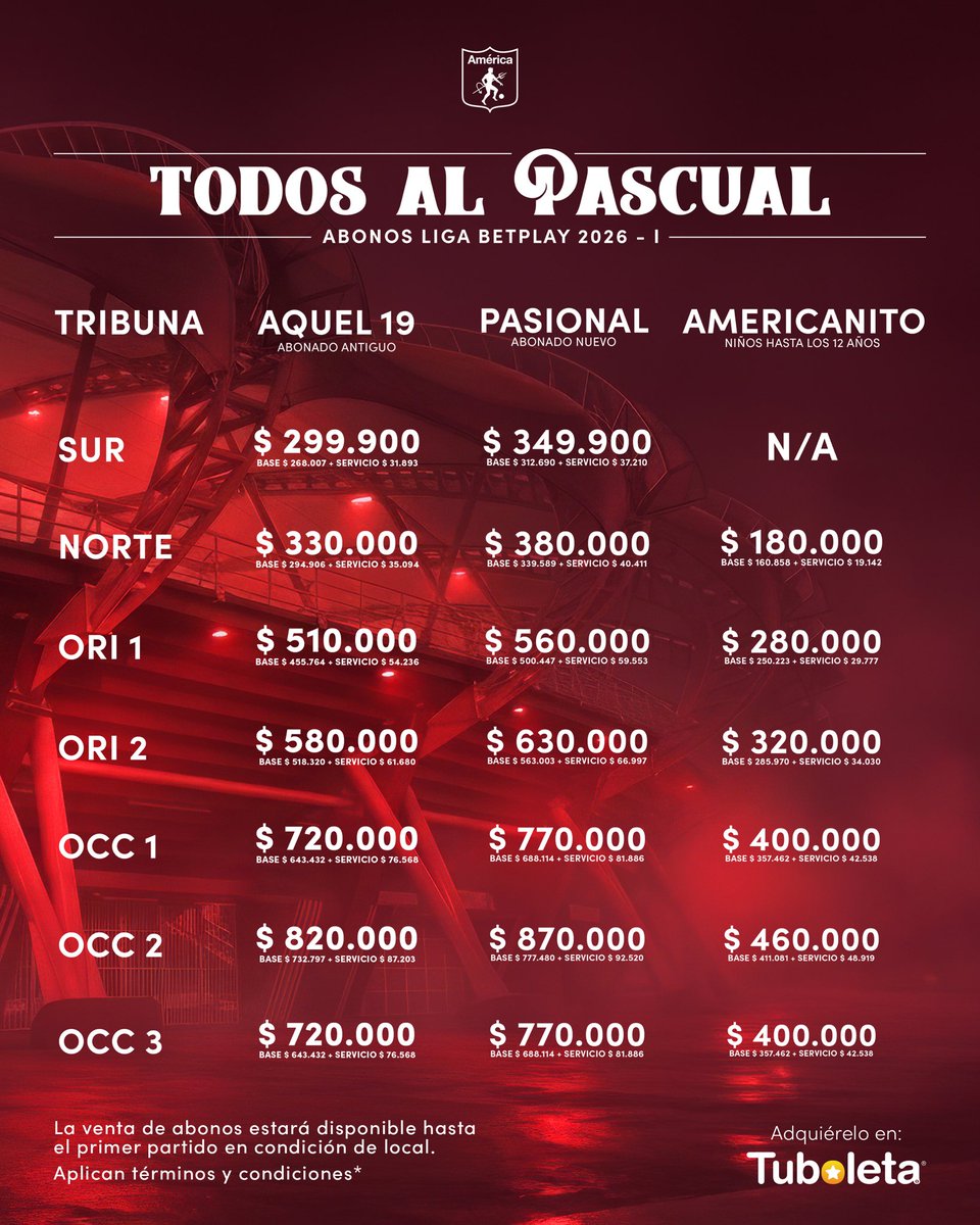 AmericadeCali's tweet image. 🔜 ¡El 2026 se juega con ustedes! Es momento de volver a caminar del mismo lado, a creer desde el primer minuto y a hacer sentir el peso de nuestro fortín en cada partido. 🇦🇹

🏟️ ¡Nos vemos en el Pascual! tuboleta.com/es/eventos/ame…

*Aplican términos y condiciones.