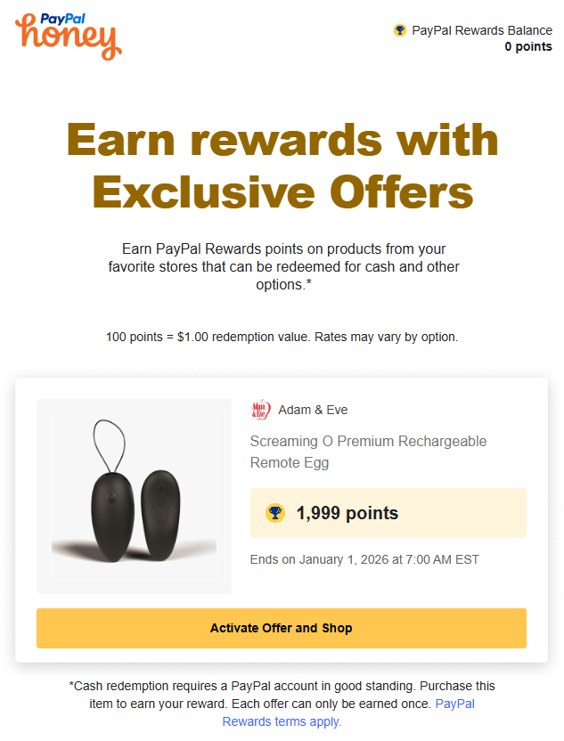 structuralecon's tweet image. So here's something fun: I have no interaction with sex toys or sex toy sites.

This is a legitimate e-mail from @PayPal/@honey (PayPal bought Honey for $4Bn in 2019).

So…if your kid has a gmail account and installs the Honey extension…they can get random sex toy ads.