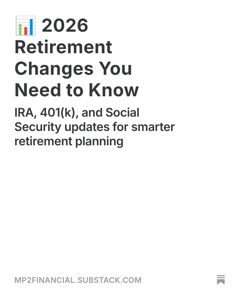 MP2Financial's tweet photo. 📌 2026 retirement changes are coming, is your paycheck prepared?
💰 Higher contribution limits
🧾 New Roth rules for higher earners
⏳ Social Security updates that affect benefit timing
If you save, plan to retire, or already draw income, this matters.
https://t.co/nRDqSMQr8q https://t.co/oREyOjIPk5