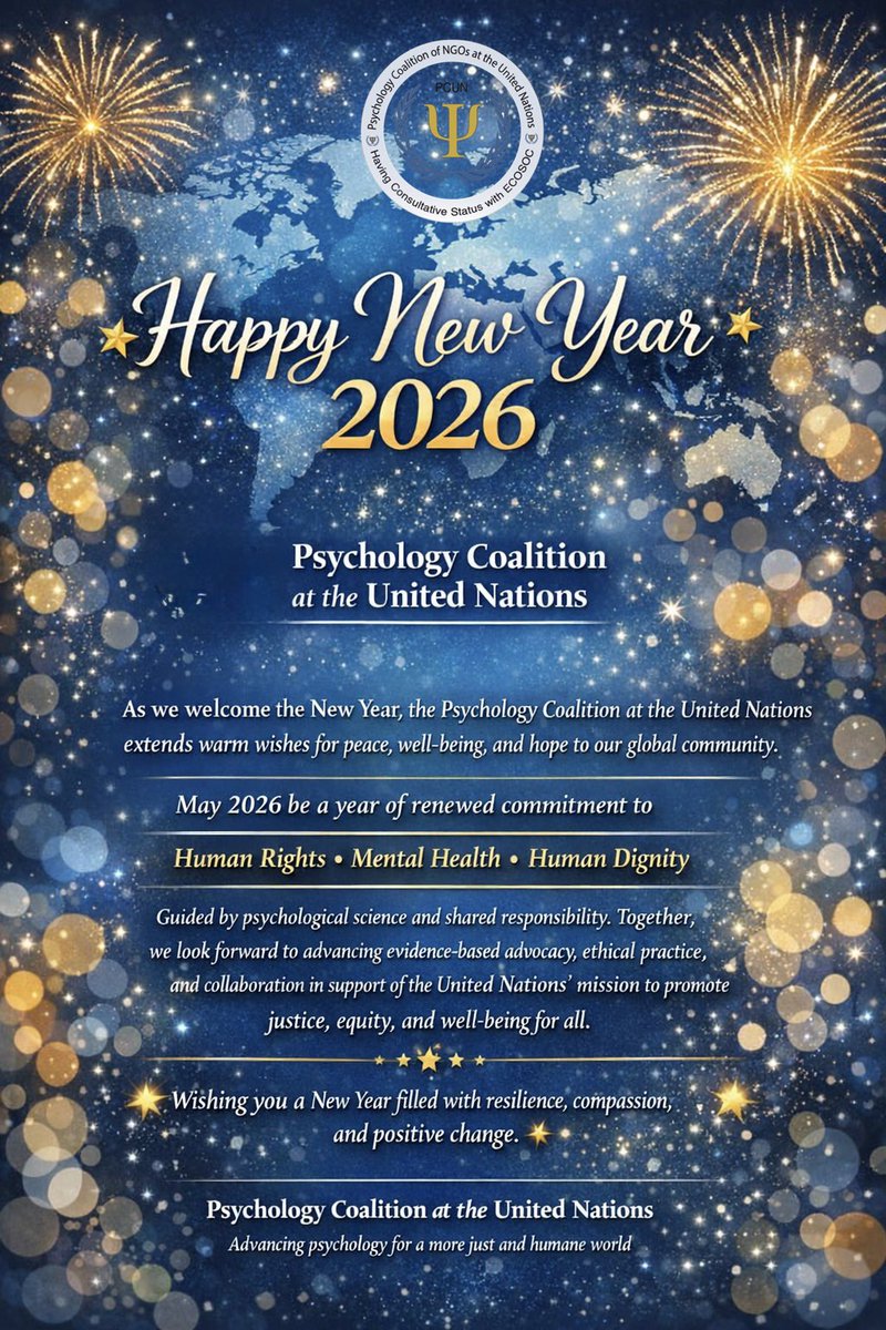 PCUN_NGOs's tweet photo. As we welcome the New Year, the Psychology Coalition at the United Nations extends warm wishes for peace, well-being, and hope to our global community. https://t.co/uRVFQpZRuL