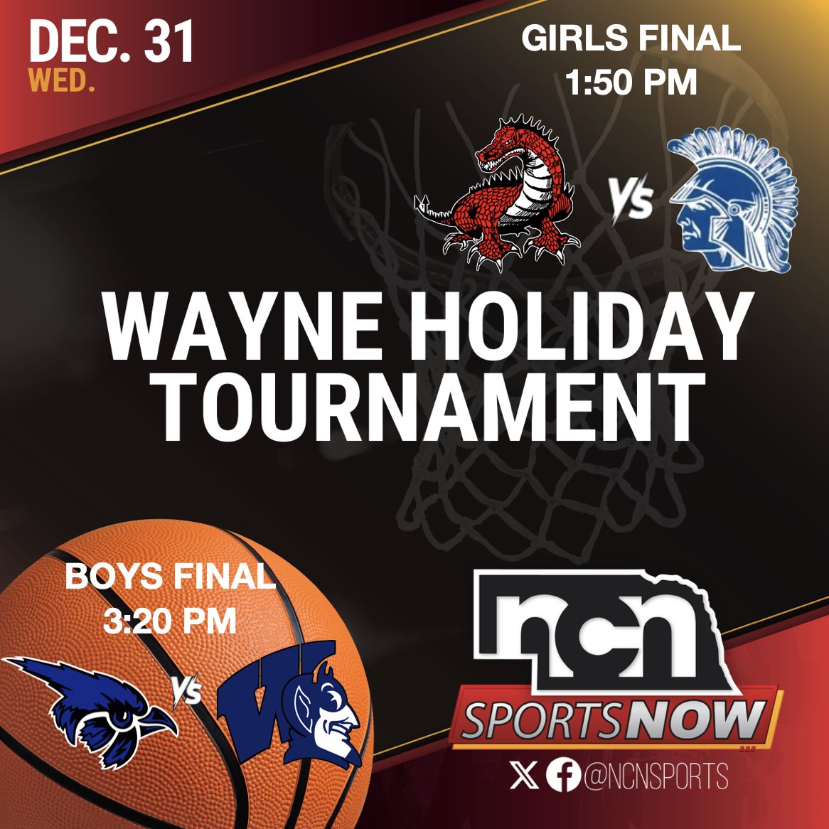 NCNSports's tweet image. 📺🏀: @NewsChannelNE is televising the Wayne Holiday Tournament Championships this afternoon!

LIVE TV coverage starts at 1:50 PM CT!

GIRLS FINAL: 🔴🐉 Pender vs West Central, SD ⚔️🔵
BOYS FINAL: 🔵⚫️ Pierce ane Wayne 🔱🔵

HOW TO WATCH NCN: tinyurl.com/smc3wkd8

#nebpreps…