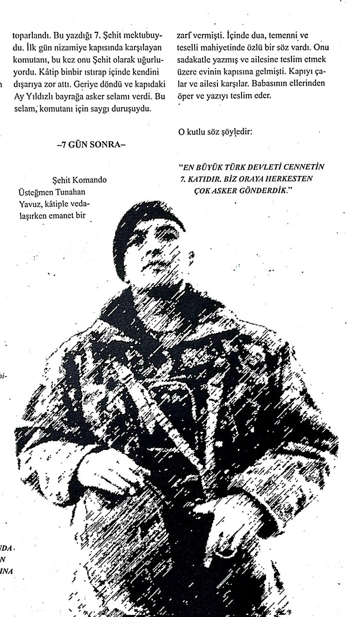 Şehit Komando Üsteğmen Tunahan Yavuz, kâtiple vedalaşırken emanet bir zarf vermişti. Babasının ellerinden öper ve yazıyı teslim eder. O kutlu söz şöyledir...

<a href="/TaymaDergi/">Tayma Dergi</a> 17. Sayımızda.