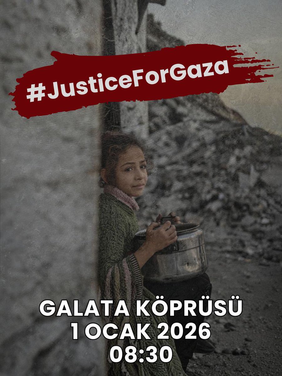 sertackoska's tweet photo. Gazze’de çocuklar büyümüyor; hayatta kalmaya çalışıyor.
Bu tabloyu “normal” kabul edemeyiz! #JusticeForGaza
📍 Galata Köprüsü
🗓 1 Ocak 2026
⏰ 08.30 https://t.co/bGbhN6kgXC