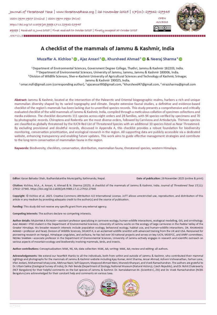 omar_mzfr's tweet photo. Our paper titled 'A checklist of mammals of Jammu &amp; Kashmir, India' in the Journal of Threatened Taxa documents 111 mammal species from J&amp;K using museum specimens and verified records. 🐾

Full paper can be accessed here: https://t.co/2uPQE2JWpE

#wildlife #mammals #conservation https://t.co/KPz5gPFsdp