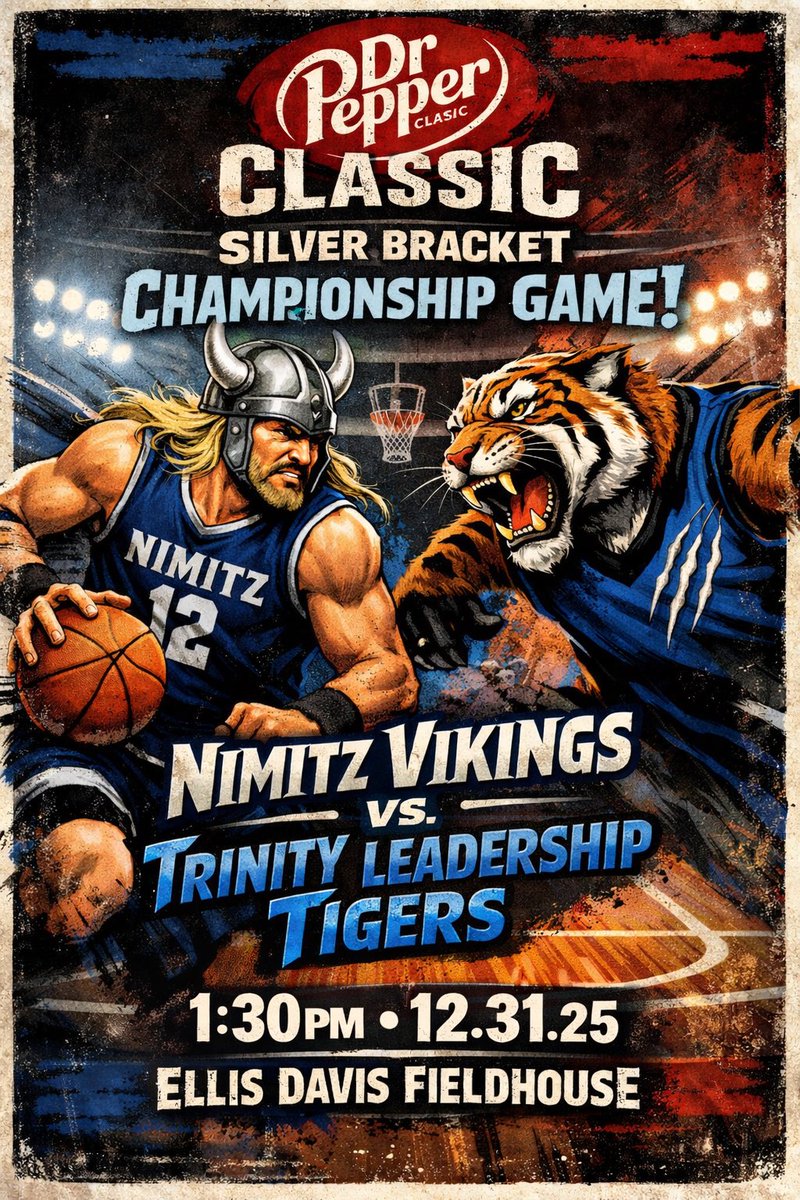 NimitzBBall's tweet photo. Make sure if you’re in the #DFDub you head on over to Ellis Davis Fieldhouse and catch your @NimitzVikings as they take on the @TigersChTrinty. Tip off is 1:30pm for the Championship Game of the #DrPepperClassic. #family #AnchorDown #brotherhood https://t.co/n3EitzIdcQ