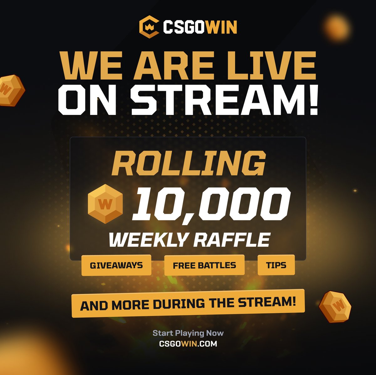 We're live on KICK 🔴🎥

🎉 Rolling the weekly 10,000 coins raffle 
🎁 Giveaways &amp; viewer tips
🎟️ Promo codes &amp; free battles 
 
🔴 Link: kick.com/csgowinofficial
🍀 Hosted by <a href="/000rapunzel/">rapunzel</a> 

Tag a friend &amp; ❤️ -- 100c giveaway 👇💰