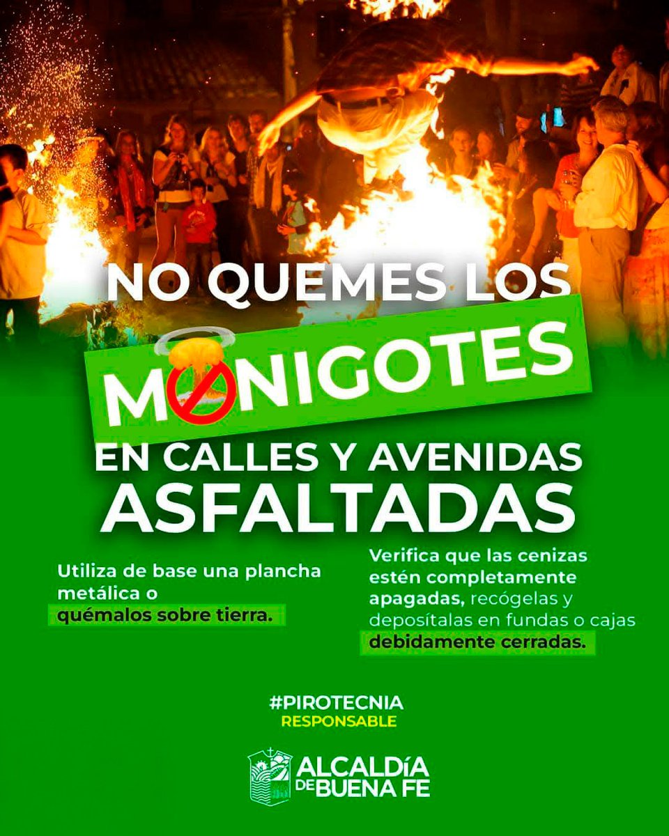 ⚠️ATENCIÓN ⚠️
N🚫 QUEMES LOS MONIGOTES EN CALLES Y AVENIDAS ASFALTADAS.
Utiliza de base una plancha metálica o quémalos sobre tierra, cuidemos la integridad de la calzada.

#AñoViejo
#Monigotes
#PorUnMejorBuenaFe
#DianaAnchundiaMiAlcaldesa