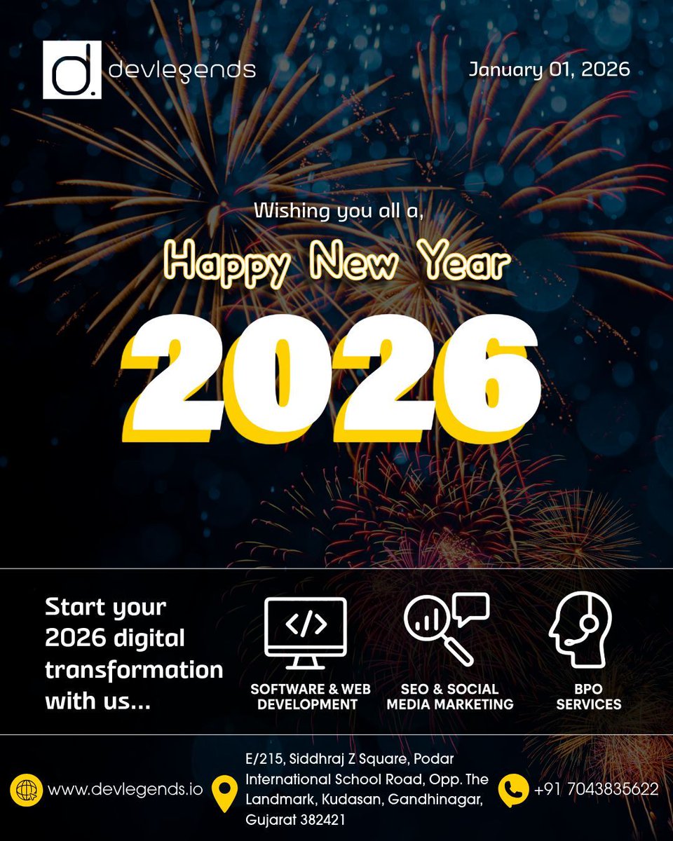 devlegendstech's tweet photo. Happy New Year 2026 from all of us at DevLegends! 🎆
May 2026 bring you success, growth, and countless breakthrough moments! 🎯
Cheers to new beginnings! 🥂🎊
Start your 2026 digital transformation with us! 💻🔥
🌐 https://t.co/ThgXxWIwN1
#HappyNewYear2026 #NewYear2026 #NewYear https://t.co/LM9BOz4a7i
