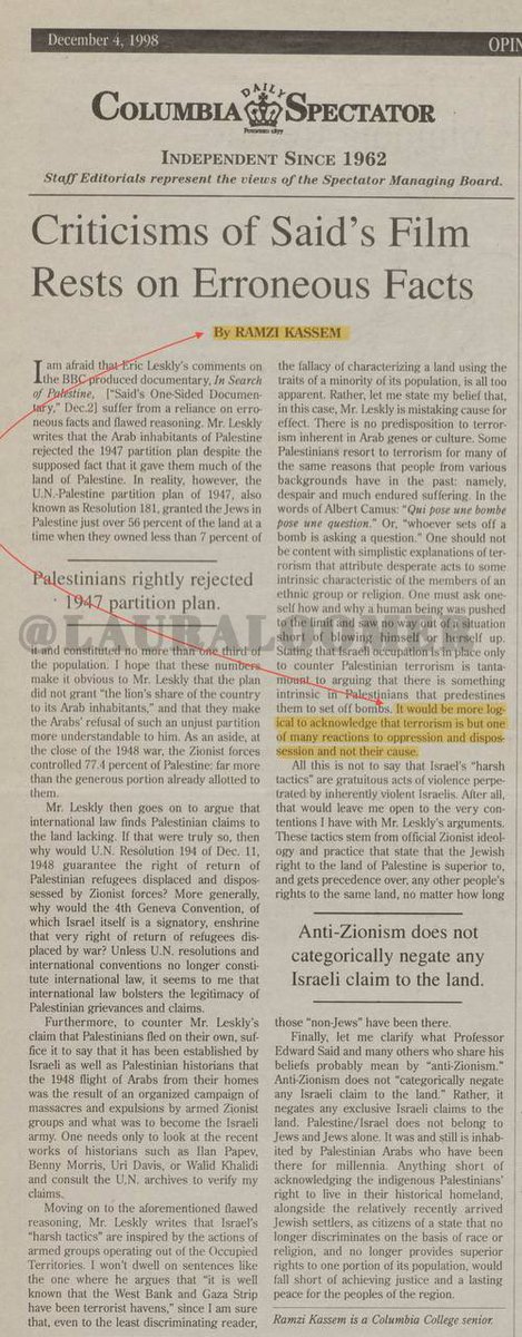 🚨 EXCLUSIVE 🚨  

On December 4, 1998, Ramzi Kassem, Zohran Mamdani’s <a href="/ZohranKMamdani/">Zohran Kwame Mamdani</a>’s nominee for Chief Counsel of New York City who provided legal services to Al Qaeda terrorists penned an article for the Columbia Spectator in which he defended acts of Islamic terrorism,
