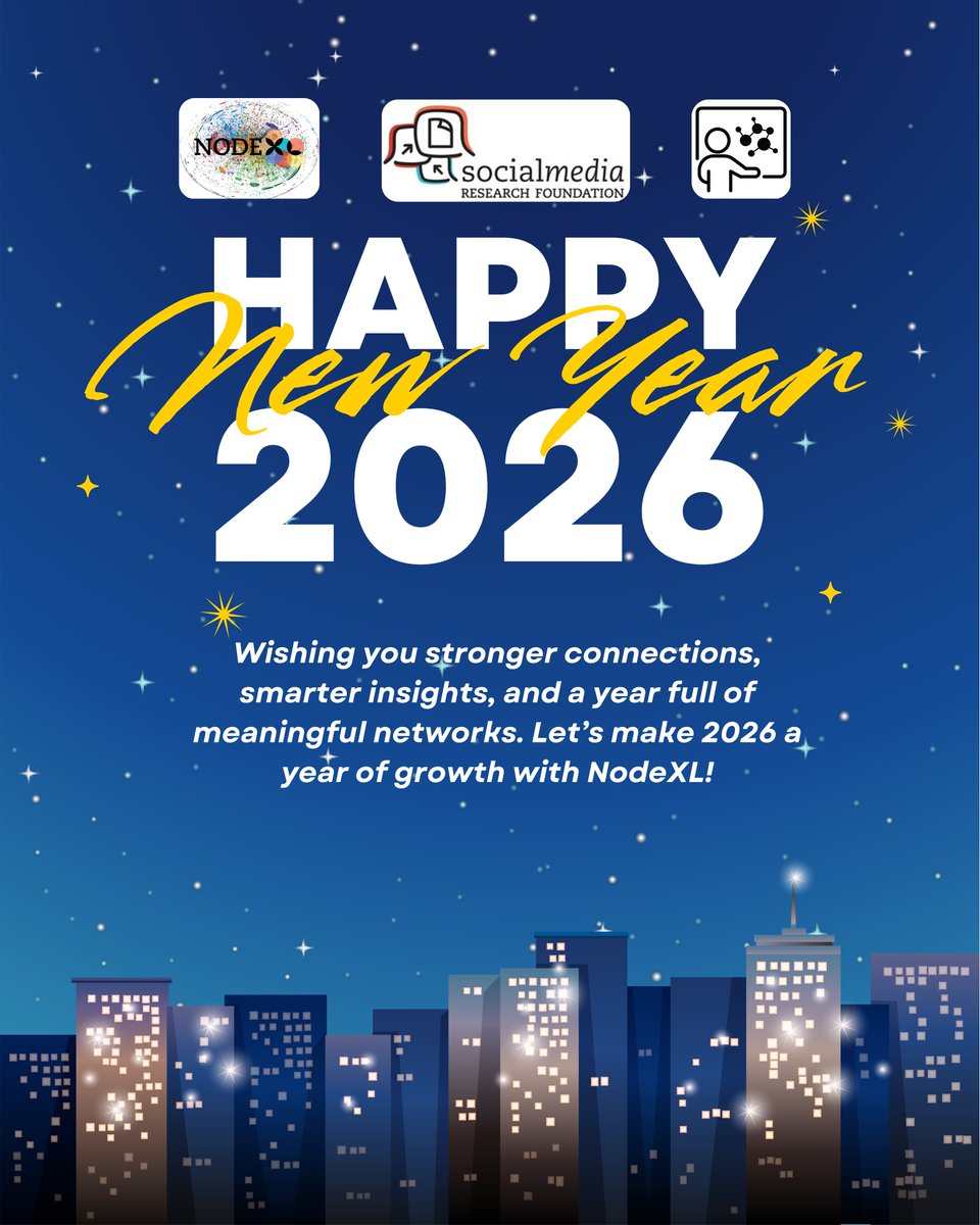 NodeXLAcademy's tweet photo. Happy New Year 2026! 🎉 Let’s make connections smarter and networks stronger with NodeXL. 🚀 #NodeXL #SocialNetworkAnalysis #DataDriven #NewYear2026 #NetworkInsights #ConnectAndGrow https://t.co/F3F5yiiOkQ