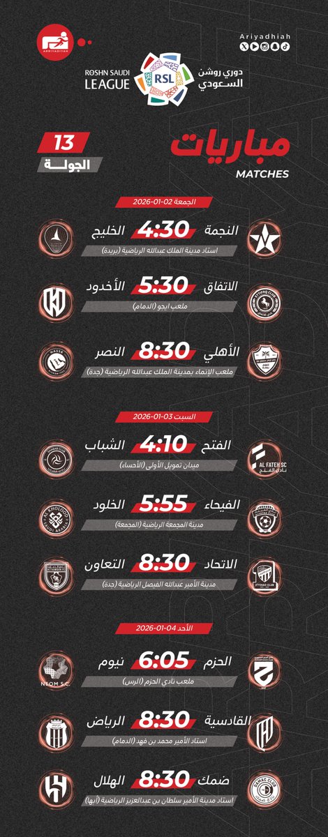 #دوري_روشن_السعودي⁩ 🇸🇦 
⁦#RoshnSaudiLeague⁩

🆚 مباريات الجولة  1️⃣3️⃣

📆 الجمعة.. قمة #الأهلي_النصر