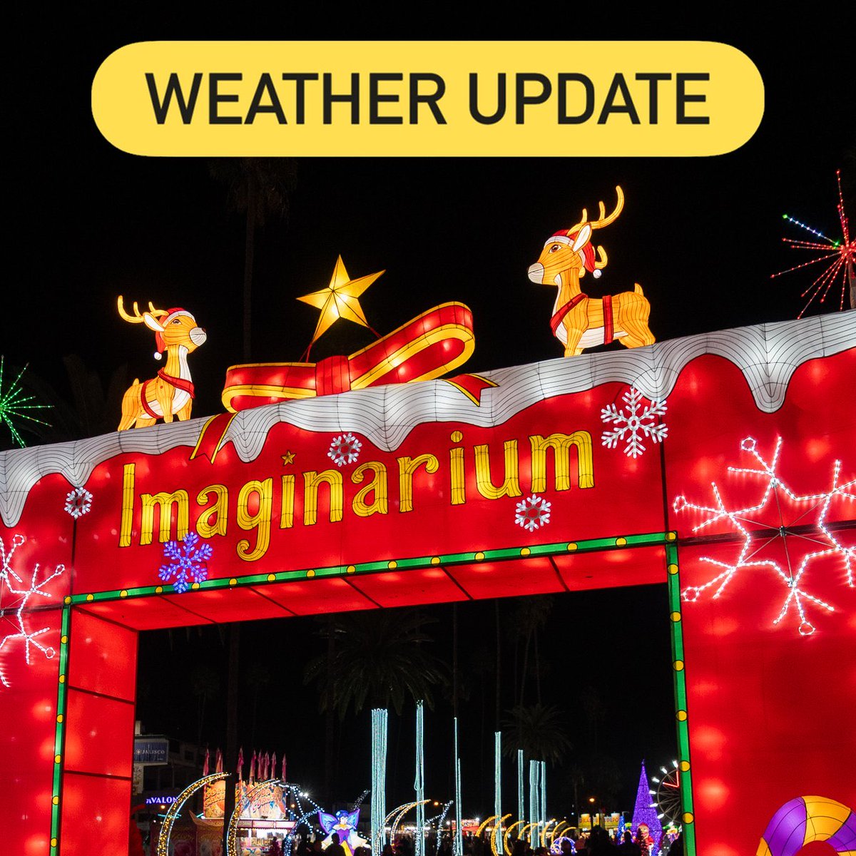 Fairplex's tweet image. EVENT UPDATE: Due to the impending weather, Imaginarium will be CLOSED tonight, December 31, and tomorrow, January 1.

Imaginarium is scheduled to reopen on Friday, January 2.

All tickets purchased for 12/31 and 1/1 will still be valid any other operational day.
