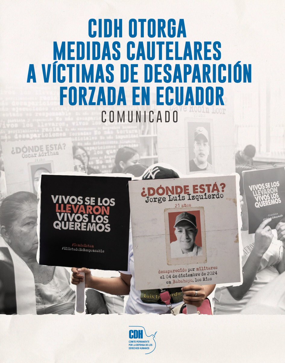 📢 #Comunicado | La <a href="/CIDH/">CIDH - IACHR</a> otorgó medidas cautelares a favor de 26 víctimas de desaparición forzada ocurridas en 2024 y perpetradas por  <a href="/FFAAECUADOR/">Fuerzas Armadas del Ecuador</a>, solicitadas por <a href="/CDHGYE/">CDH.GYE</a> en abril de 2025. Entre ellas, 6 niños.

El Estado debe informar en 15 días sobre su cumplimiento, que