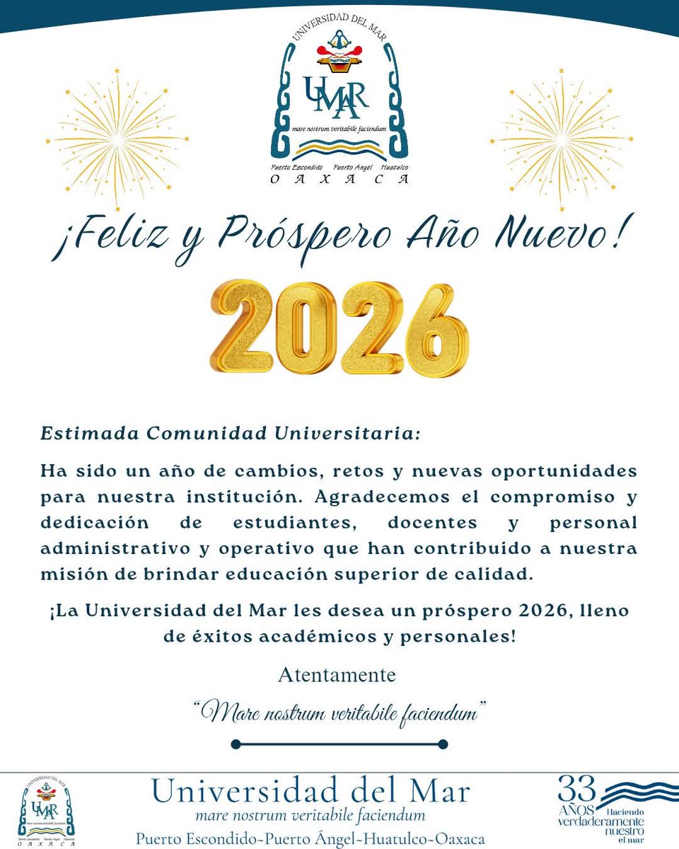¡Feliz y Próspero Año Nuevo 2026! ✨
.
#UMAR #2026 #AñoNuevo #EducaciónDeCalidad #EducaciónGratuita #Éxito <a href="/EducacionPubOax/">Secretaría de Educación Pública de Oaxaca</a>
