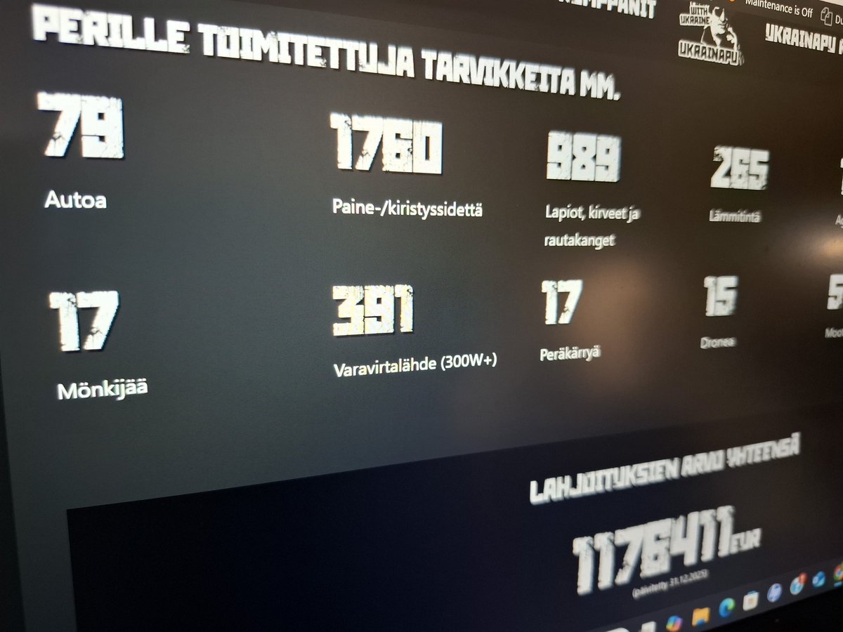 Lahjoituslakurin lukemat päivitetty ukrainapu.fi

Näistä tavaroista suurin osa liikkui vuoden 2025 aikana.

Esimerkiksi autoja liikkui 74kpl ja päälle 10 kuorma-autoreissua.

Kiitos jokaiselle joka tämän mahdollistaa! Tehdään ensi vuodesta vielä merkittävämpi.

💵