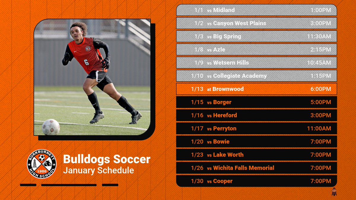 Check out the January schedule for Men's Soccer! Exciting matchups await, with opportunities to support our Bulldogs! Let's go!

Jan 1 - Jan 3 Abilene Tournament
Jan 8 - Jan 10 Springtown Tournament
Jan 15 - Jan 17 Boomtown Showcase