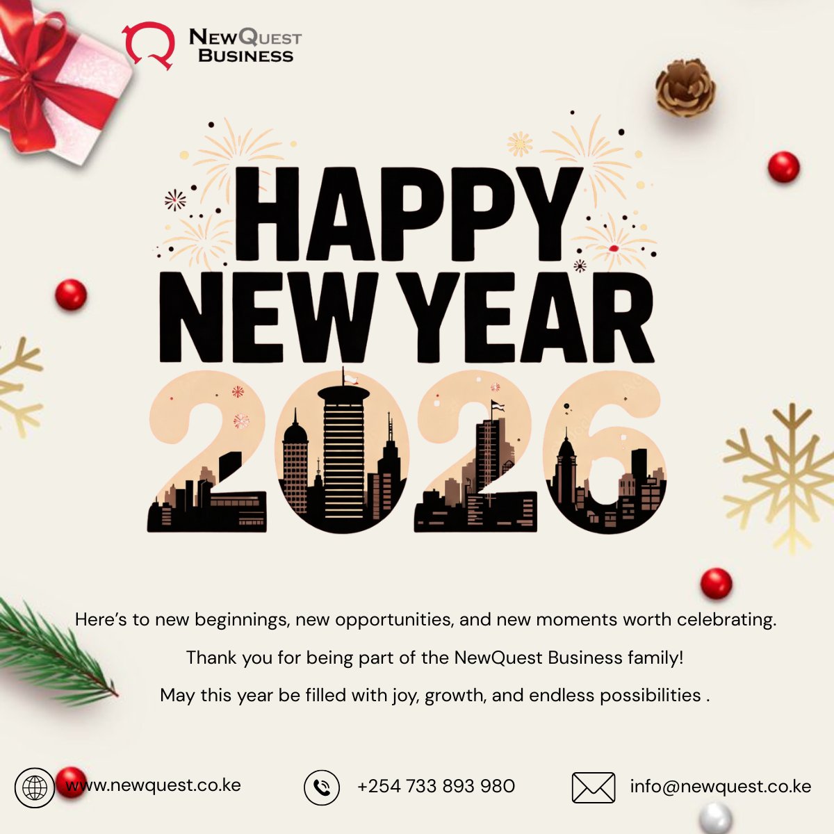 NewQuest_Co's tweet photo. Welcome to 2026 🎉

New year. New opportunities. Stronger compliance, smarter governance, and sustainable business growth.

Let’s build resilient organizations in 2026 together.

#HappyNewYear2026 #BusinessAdvisory #Compliance #RiskManagement #Accounting  #Taxation https://t.co/VTaypuznTZ
