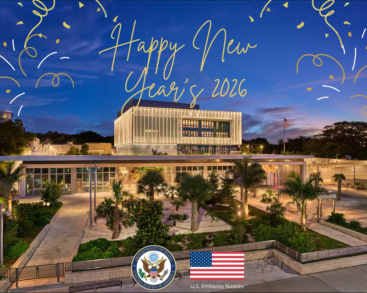 USEmbassyNassau's tweet image. On behalf of Ambassador Walker and everyone at the U.S. Embassy, wishing you and your loved ones a Happy New Year! May 2026 bring continued peace and prosperity to our nations. 🇺🇸-🇧🇸
