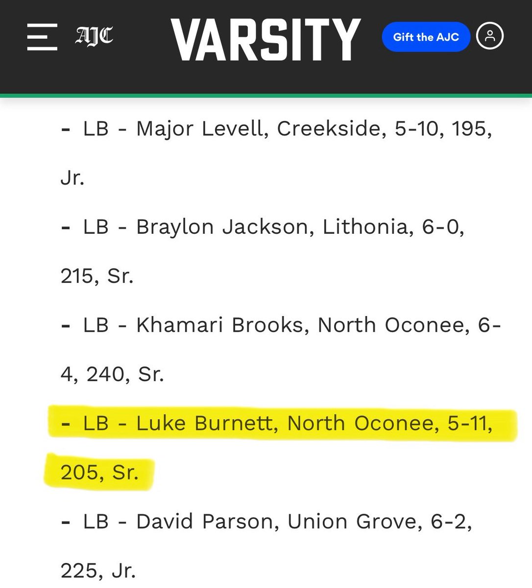 LukeBurnett22's tweet photo. Honored and thankful to be named @AJCsports 4A All-State Team.

@NOHSFootball @CoachAurandt @CoachWillPeters @NOHS_Strength @RecruitNorthFB