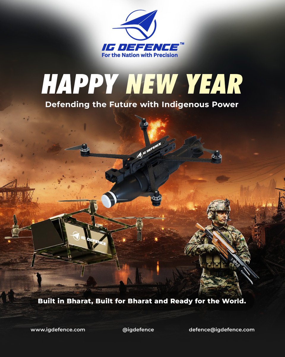 IGDefence's tweet image. 𝗛𝗮𝗽𝗽𝘆 𝗡𝗲𝘄 𝗬𝗲𝗮𝗿 𝗳𝗿𝗼𝗺 𝗜𝗚 𝗗𝗲𝗳𝗲𝗻𝗰𝗲.
Defending the future with indigenous power and precision. 🇮🇳
#IGDefence #HappyNewYear #MissionReady #BuiltInBharat #DefenceTech