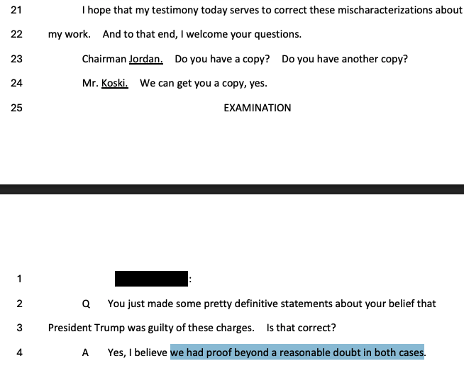 rgoodlaw's tweet photo. House Judiciary Committee releases on New Years Eve (in an obvious attempt to bury this info) the Jack Smith deposition transcript.

I recommend doing a word search for "proof beyond a reasonable doubt."

https://t.co/DMGdjcPCNs https://t.co/iA6Ii40v5Y