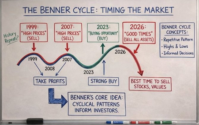 techconcatalina's tweet photo. ⚠️ATENCIÓN⚠️

¿MARCA UN TECHO PARA 2026?

🔺Según el Ciclo de Benner, 2026 no sería el inicio de algo alcista, sino el AÑO DEL TECHO antes de un nuevo período de dificultades

¿Qué nos está advirtiendo este gráfico olvidado⁉️

🔸Creado en 1875 por Samuel Benner, clasifica los años en
▪️ Años de PÁNICO (A) donde hay que vender y salir del mercado
▪️ Años de BUENOS TIEMPOS (B) techos de ciclo
▪️ Años de DIFICULTADES (C) donde se compra a precios bajos

🔹2026 aparece como un año tipo “B” máximos de mercado, precios altos y el momento para vender TODO
🔹El historial del gráfico impresiona
▫️Sorprende por sobre todo las predicciones de la BURBUJA de las Punto Com, la Crisis del 2008 y el PÁNICO por el COVID
▫️Tuvo 16 aciertos y solo 6 errores desde su publicación

Entonces... ¿Qué pasaría si 2026 es realmente el techo⁉️

▪️Ya comenzó el “light QE”, pero la liquidez podría estar inflando burbujas artificiales
▪️La nueva FED que viene en mayo podría cometer errores al sobreestimular el mercado, disparando así la inflación y obligando a la FED a SUBIR la tasa más adelante
▪️La IA dispara ganancias hoy, pero ¿y mañana? ¿Cumplirá con las expectativas?
▪️Por otro lado, la curva de los rendimientos en EE.UU. se DESINVIERTIÓ hace 15 meses... Casi siempre que la curva se desinvierte, al poco tiempo aparece la RECESIÓN...

📍Si el ciclo se repite, el próximo período bajista arrancaría en 2026
