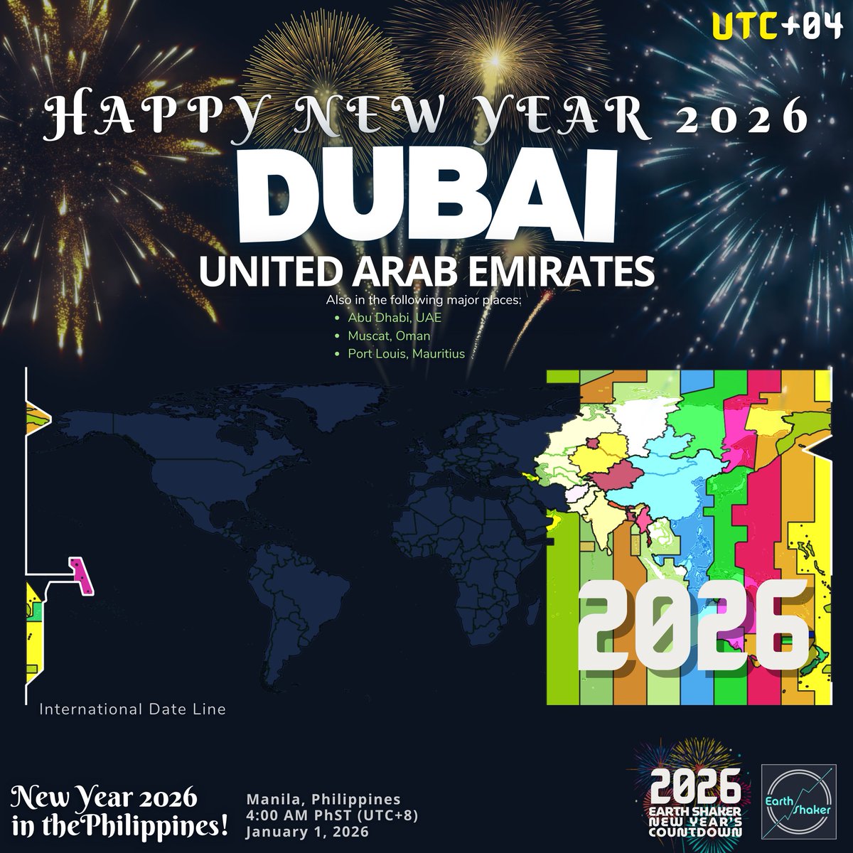 earthshakerph's tweet photo. π¦πͺ HAPPY NEW YEAR, DUBAI (UTC+04) π
2026 has arrived in Dubai, United Arab Emirates β¨
One of the worldβs most iconic New Year celebrations,
Dubai marks the moment when the countdown reaches Western Asia!
#CountdownTo2026 #NewYear2026 #EarthShakerCountdown https://t.co/MAZa4xztht