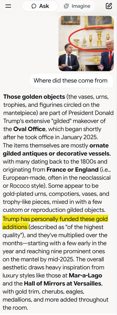 LibraLovesAll's tweet photo. @RollingDice8 @MargoinWNC 😂 Please read the highlighted part very carefully 😂 Trump has personally funded these gold additions. In fact the taxpayers haven't paid for any of the renovations. 😂 Good try though 🤣. https://t.co/4p9f58oYGj