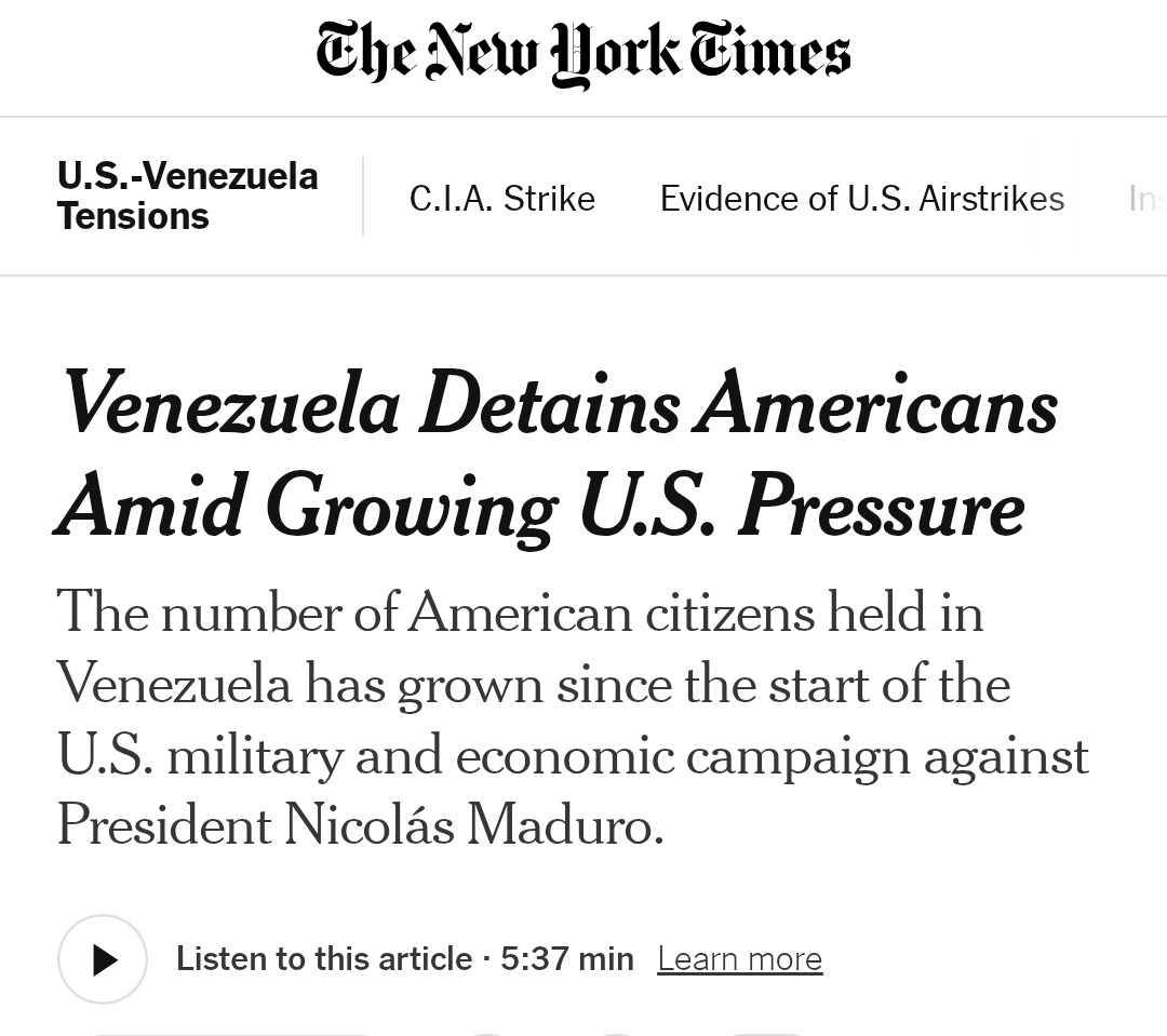 🚨 ¡ÚLTIMA HORA VENEZUELA! 🚨🇻🇪

URGENTE — ¡LO ÚLTIMO! 🇻🇪

NEW YOKR TIMES:

El régimen narcoterrorista de Nicolás Maduro ha secuestrado a varios ciudadanos estadounidenses. 

🔴 ¡NARCOTERRORISTA DE NICOLÁS MADURO SECUESTRÓ A VARIOS ESTADOUNIDENSES! 🔴