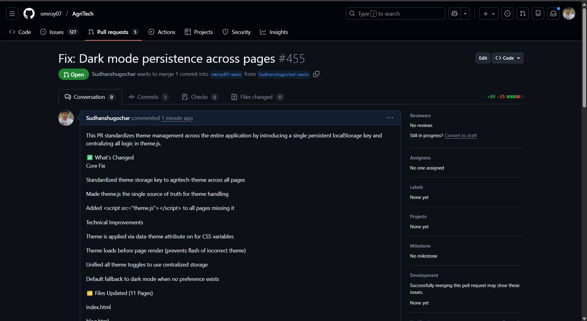 GocharSudhanshu's tweet photo. First Open Source Contribution of 2026!Contributed to AgriTech 🌱 under SWOC ❄️
Fixed dark mode persistence by centralizing theme management. 
More to come in 2026 🚀#OpenSource #SWOC #FirstContribution #WebDev #JavaScript https://t.co/RHWdvu0kgj