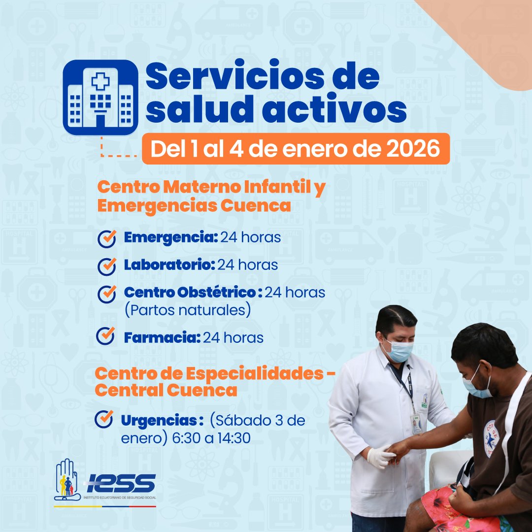 #IESSteInforma | 📷 Del 1 al 4 de enero de 2026, nuestros establecimientos continúan atendiendo para cuidar de ti y tu familia

Conoce aquí los horarios ⬇️
iess.gob.ec/.../HORARIO_AT…...
